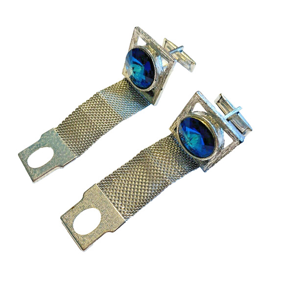 Vintage Blue Rivoli Wrap Cufflinks Large Stones Silvertone Mesh Mid Century Chic - Picture 5 of 8
